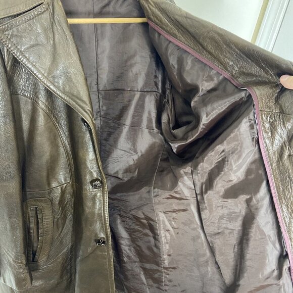 Vintage Rice Sportswear 70s Brown Leather Coat Plaid Lined Hipster Mod Men 44 - Picture 9 of 10
